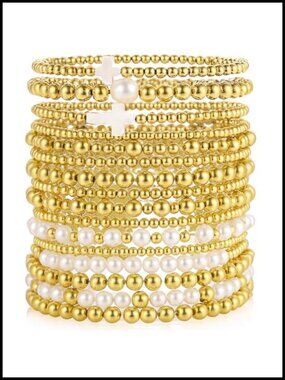 16PC Gold Plated Bead & Pearl Stretch Bracelet Set Stackable